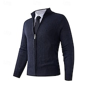 baratos suéter cardigã masculino-Homens Sueter Cardigan Suéter Cortado Suéter com zíper Suéter de malha Estriado Tricotar Tops regulares Tosão Tecido Colarinho Chinês Moda Clássico Férias Roupa Diária Roupa Outono Inverno Vermelho