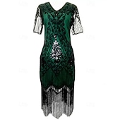 economico Abiti degli anni '20-Anni Ruggenti Anni 1920 Lunghezza al ginocchio Vestito Abito Flapper Abito da Ballo Maniche corte Il grande Gatsby Charleston Invitato al matrimonio Paillettes Frangia con nappe Scollo a V Costume