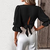 olcso Női Egyszerű Felsők-Női Nyári felsők Wrap Crop Top Sima Napi Stílusos Alap Hosszú ujj Lámpás hüvely V-alakú Crop Tops Munka Napi Szabadság Tunika Fekete Sárgabarack Tavasz Ősz