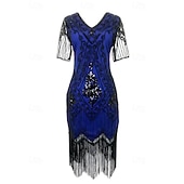 economico Abiti degli anni '20-Anni Ruggenti Anni 1920 Lunghezza al ginocchio Vestito Abito Flapper Abito da Ballo Maniche corte Il grande Gatsby Charleston Invitato al matrimonio Paillettes Frangia con nappe Scollo a V Costume