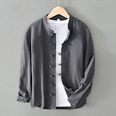 economico Classico-Per uomo Camicia Camicia di lino Stile vichingo Camicia con colletto alla coreana Camicia Estiva Abbigliamento da spiaggia Tinta unica Vacanza Streetwear Nero Bianco Blu marino Grigio Manica Lunga
