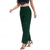 abordables jambe large et taille haute-Femmes Jambe large Slacks Streetwear Occasionnel Longueur complète Naturel Uni Dentelle Patchwork Taille Élastique Confortable Fête Sortir Vert translucide Noir Blanche Bleu de minuit Automne Coupe