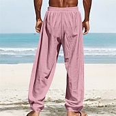 cheap Holiday-Men&#039;s Linen Pants Trousers Summer Pants Beach Pants Pocket Elastic Waist Drawstring Plain Comfort Breathable Vacation Daily Holiday Hawaiian Boho White Dark Red