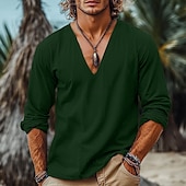 preiswerte Urlaub-Herren Leinenhemd Popover-Hemd Sommerhemd Strandbekleidung Vintage-Shirt Ethno-Hemd Einfach Urlaub Lässig Schwarz Weiß Wein Blau Langarm V Ausschnitt Sommer Frühling Bekleidung