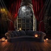 abordables halloween tentures murales-Tapisserie murale Halloween gothique avec vue de fenêtre – Scène de scène avec rideau rouge et nuit spooky éclairée par la lune toile de fond d&#039;horreur pour le salon la chambre la décoration de