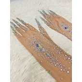 preiswerte Damenkostüme-Glitzernde Handschuhe mit Strasssteinen für Damen, lang, glitzernd, Netzstoff, durchsichtig, Ellenbogenlänge, Opernhandschuhe mit Nägeln, hautfarben, Einheitsgröße