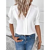 voordelige Kant Tops-Dames Overhemd Effen Stijlvol Modern Korte mouw V-hals Normale tops Werk Dagelijks Wit Zomer