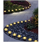 olcso Földi fények-napelemes vezetőoszlopos talajlámpák 15/30 db-os lapos napelemes lámpák kültéri, vízálló napelemes korongos tájvilágítás kerti ösvényre, falra, lépcsőkre, teraszokra, udvarra, gyepre, járdára (meleg