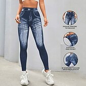 billiga Yoga Leggings &amp; Tights-Dam Denimtryck Fejkjeans Yoga leggings Magkontroll Hög midja Gym Dans Träning Underdelar Blå Höst sporter Sportkläder Tight passform