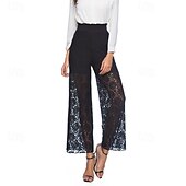 abordables jambe large et taille haute-Femmes Jambe large Slacks Streetwear Occasionnel Longueur complète Naturel Uni Dentelle Patchwork Taille Élastique Confortable Fête Sortir Vert translucide Noir Blanche Bleu de minuit Automne Coupe
