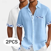 abordables Clásico-Hombre Camisa Camisa de lino Camisa de verano Camisa de playa Abotonar la camisa Flores Vacaciones Festivos Blanco + Rosa Blanco+Azul Marino Rosa + Azul Marino Azul+Azul Marino Manga Corta Cuello