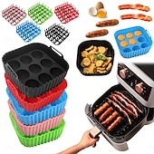 cheap Baking &amp; Pastry Tools-3pcs Reusable Silicone Air Fryer Liners Set Non-Stick Silicone Tray, Bacon Rack &amp; 9-Cavity Mold for Eggs and Cupcakes Multi-Use Air Fryer Accessories