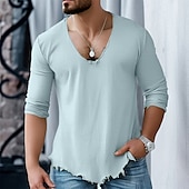 preiswerte Baumwoll-Leinen T-Shirts-Herren Baumwoll-Leinen-Hemd T-Shirt Langarmshirt Langarm V Ausschnitt Sommer Frühling Einfarbig Täglich Lässig Trendy V-Ausschnitt Outdoor Straße Lässig Weiß Rosa Blau Top T-Shirt für Herren