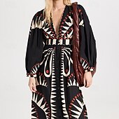 levne Boho šaty-Dámské Midi šaty Šaty s potiskem Klasické Moderní Dovolená Jdeme ven Víkend Běžný Květiny Dlouhý rukáv Do V Černá Podzim