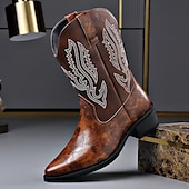 abordables Cowboy et bottes occidentales-Bottes de cowboy western brodées en similicuir pour homme – Bottes de rodéo marron à bout carré pour les tenues de ferme, de festival et décontractées