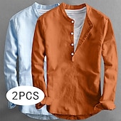 baratos Clássico-Homens Camisa de linho Camisa de colarinho de banda Camisa Popover camisa de verão Roupa de Praia Camisa casual Tecido Férias Casual Laranja + azul Rosa + Azul Marinho Branco + preto Rosa + azul