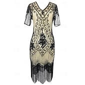 economico Abiti degli anni '20-Anni Ruggenti Anni 1920 Lunghezza al ginocchio Vestito Abito Flapper Abito da Ballo Maniche corte Il grande Gatsby Charleston Invitato al matrimonio Paillettes Frangia con nappe Scollo a V Costume
