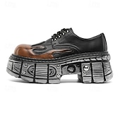 ieftine Cizme de motociclism-Pantofi Oxford cu platformă gotică pentru bărbați, cu flăcări – pantofi cu talpă groasă în stil punk pentru cosplay, Halloween și streetwear