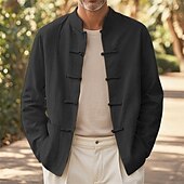 baratos Jaquetas Casuais-Homens Jaqueta de Camisa jaqueta de linho Cabana Férias Diário Respirável Bolsos Primavera Outono Tecido Moda Clássico Colarinho Chinês Padrão Preto Branco Azul Marinha cáqui Casaco