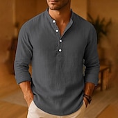 preiswerte Baumwoll-Leinenhemd-Herren Hemd Leinenhemd Popover-Hemd Freizeithemd Baumwollhemd Einfach Urlaub Hawaiianisch Schwarz Weiß Rosa Khaki Langarm Stehkragen Frühling Herbst Bekleidung
