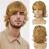 billiga Herrperuker-Ljusbrun peruk för män Kort lager Naturlig vågig syntetisk peruk värmebeständigt hår Manlig kille Daglig festkostym Halloween Cosplay-peruker