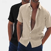 preiswerte Klassiker-Herren Leinenhemd Sommerhemd Strandbekleidung Knopfhemd Hemden zum Herausstecken Einfarbig Urlaub Kreuzfahrt Grün + grau Weiß + Khaki Khaki + Schwarz Grün+Khaki Kurzarm Umlegekragen Sommer Bekleidung