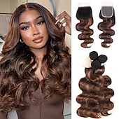 economico 3 ciocche con closure-Extension di capelli umani con chiusura, 3 pacchi, t1b-4/30#, ondulati, da 12 a 28 pollici, per donne nere