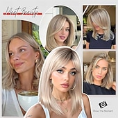 abordables Pelucas sintéticas de moda-Peluca rubia corta con flequillo, estilo bob ombré, de 14 pulgadas, recta, con flequillo, para mujer, de aspecto natural, sintética, resistente al calor, para uso diario.
