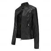 cheap Faux Leather Jackets-Women&#039;s Faux Leather Jacket Comfortable Pocket Full Zip Fashion Street Style Plain Outdoor Casual Daily Regular Stand Collar Regular Fit Long Sleeve Outerwear Black Red Camel Spring Fall