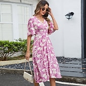 preiswerte Blumenkleider-Damen Midikleid A Linie Kleid Urlaub Boho Strand Trompetenärmel Party Ausgehen Strand Lässiger Schnitt Blumen Grafik Kurzarm V Ausschnitt Violett Sommer Frühling