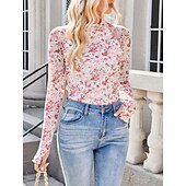 お買い得  フローラルTシャツ-女性用 ブラウス フラワー レオパード スタイリッシュ カジュアル 長袖 タートルネック レギュラートップス 日常 祝日 お出かけ プリント ブラック ピンク グリーン カーキ色 夏 春 秋