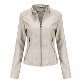 cheap Faux Leather Jackets-Women&#039;s Faux Leather Jacket Comfortable Pocket Full Zip Fashion Street Style Plain Outdoor Casual Daily Regular Stand Collar Regular Fit Long Sleeve Outerwear Black Red Camel Spring Fall
