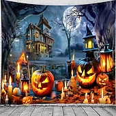 halpa halloween seinävaatteita-Halloween-kummitustalon seinävaate – Luuranko ja hohtava Jack-o&#039;-lantern-portaikkokohtaus pelottava yötaivas goottilainen tausta 2025 Halloween-olohuoneeseen makuuhuoneeseen juhlakoristeeksi