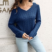 cheap Solid Colors-Women&#039;s Pullover Casual Solid Color Chunky V Neck Knitted Long Sleeve Regular Tops Knit Daily Holiday Going out Red Blue Fall Winter