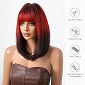 economico Parrucche da festa-Parrucche bob nere e rosse con frangia, parrucche corte rosse e nere per donne nere, parrucca sintetica da 16 pollici, parrucche per cosplay, parrucche per feste di Halloween.