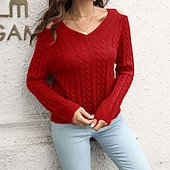 cheap Solid Colors-Women&#039;s Pullover Casual Solid Color Chunky V Neck Knitted Long Sleeve Regular Tops Knit Daily Holiday Going out Red Blue Fall Winter