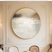 voordelige Abstracte schilderijen-handgemaakte cirkelvormige abstracte olieverfschilderij gouden lijst reflecterende gradiënt kunstwerk grijs wit beige gedempt goud houtskool tinten moderne wanddecoratie luxe huiselijke ambiance klaar