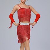 cheap Latin Dancewear-Latin Dance Skirts Tassel Pure Color Splicing Women&#039;s Performance Training Sleeveless High Polyester