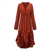 abordables Robes Bohémiennes-Femmes Robe Midi Robe bohème Robe occidentale Mode Moderne Extérieur Vacances Fête Coupe régulière Uni manche longue Col en V Orange Été