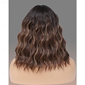 baratos Perucas Sintéticas sem Touca-Peruca loira com mechas castanhas e franja, peruca curta e cacheada para mulheres, comprimento dos ombros de 14 polegadas, perucas de substituição de cabelo de aparência natural para uso em festas de