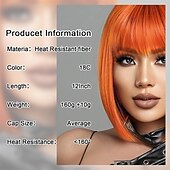 tanie Peruki imprezowe-Krótkie peruki typu bob z grzywką - prosta peruka typu bob dla kobiet rudych 12-calowa peruka syntetyczna włosy z włókien odpornych na ciepło naturalny i stylowy wygląd odpowiedni na imprezy cosplay