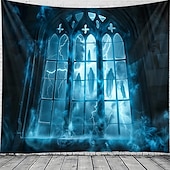 preiswerte Halloween-Wandteppiche-Halloween hängender Wandteppich Schlossfensteransicht Fotografien Hintergrund Jack O Lantern Wandkunst großes Wandteppich Wandbild Dekovorhang Zuhause Schlafzimmer Wohnzimmer Dekoration Tod Selfie