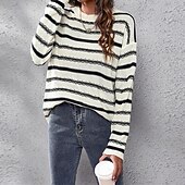 Női Pulóver Alkalmi Csíkos Vaskos Terített nyak Kötött Hosszú ujj Normál felsők Kötött Napi Szabadság Alkalmi Fekete Sárgabarack Ősz Tél olcso Grafikus minták és részletek-Női Pulóver Alkalmi Csíkos Vaskos Terített nyak Kötött Hosszú ujj Normál felsők Kötött Napi Szabadság Alkalmi Fekete Sárgabarack Ősz Tél