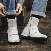 cheap Biker Boots-Men's White Faux Leather Moto Ankle Boots with Buckle Straps – Punk Style Fashion Boots for Parties and Streetwear