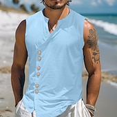 economico Vacanza-Per uomo Camicia Camicia di lino Camicia Estiva Camicia da Spiaggia Camicia vintage Maglietta senza maniche Semplice Vacanza Ferie Nero Bianco Blu Cachi Senza Maniche Collo alla coreana Estate
