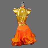 tanie strój konkursowy-Taniec latynoamerykański Sukienka Kryształ / Kryształ górski Frędzel Łączenie Damskie Spektakl Szkolenie Bez rękawów Nylon