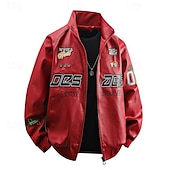 abordables Veste en simili-cuir-Homme Veste en Similicuir Veste moto Blouson de Moto Vacances Quotidien Coupe-vent Chaud Avec Poches Automne Hiver Lettre Mode Classique Revers Régulier Noir Blanche Rouge Veste