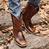 abordables Cowboy et bottes occidentales-Bottes de cowboy classiques en similicuir marron pour homme avec tige brodée – bottes d&#039;équitation de style western pour ranch et activités de plein air