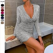 abordables Robes à paillettes-Femmes Mini Robe Robes à paillettes Robe de Cocktail Mode Moderne Soirée Cocktail Coupe régulière Uni manche longue Col en V Argent Noir Champagne Rose Claire Printemps Automne