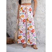 abordables jambe large et taille haute-Femmes Jambe large Chinos Vacances ancien Mode Longueur complète Taille haute Fleuri Ceinture Élastique Impression Confortable Doux Micro-Élastique Extérieur Vacances Rue Blanche Jaune Rose Claire